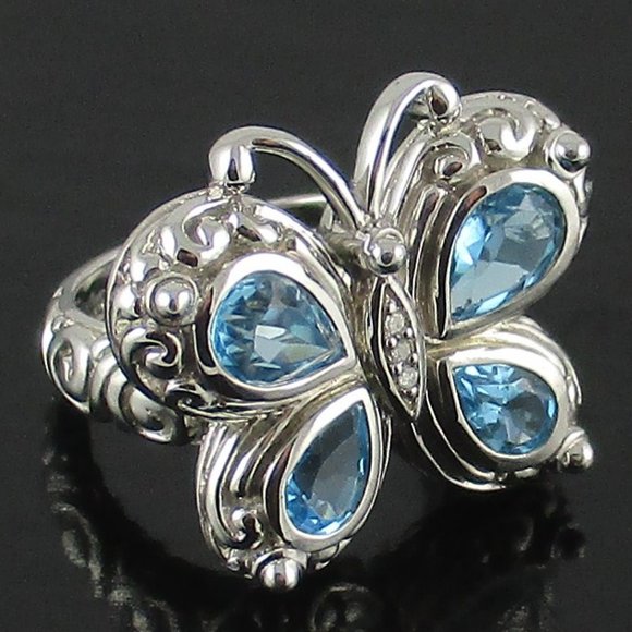 Swiss Blue Topaz & Diamond Butterfly Ring - Picture 4 of 8
